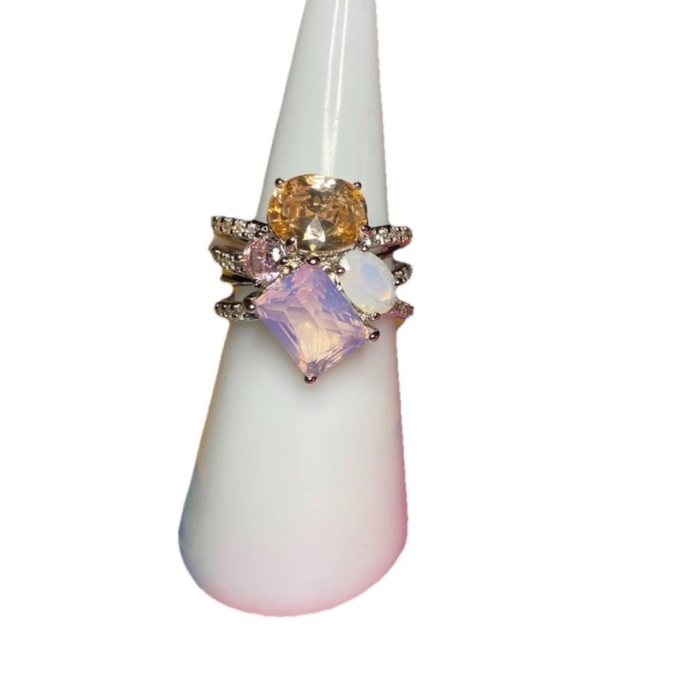 “Love You, Mean It” Multi Color And Moonstone Rhodium Ring Size 6 BP RG13720